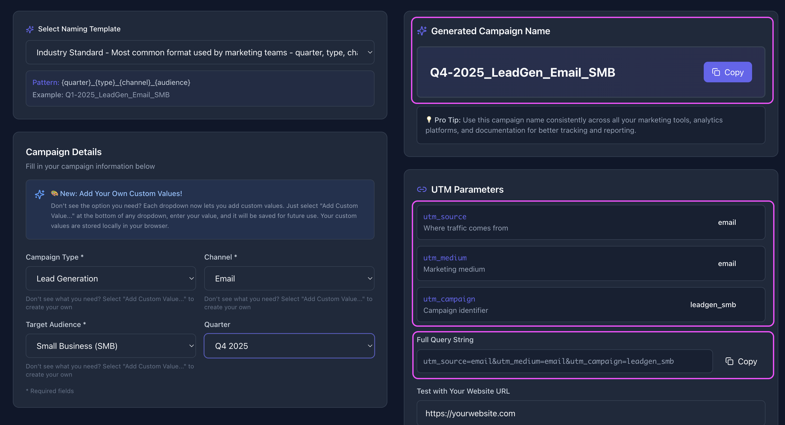 Campaign naming tool interface showing filled template and generated campaign name