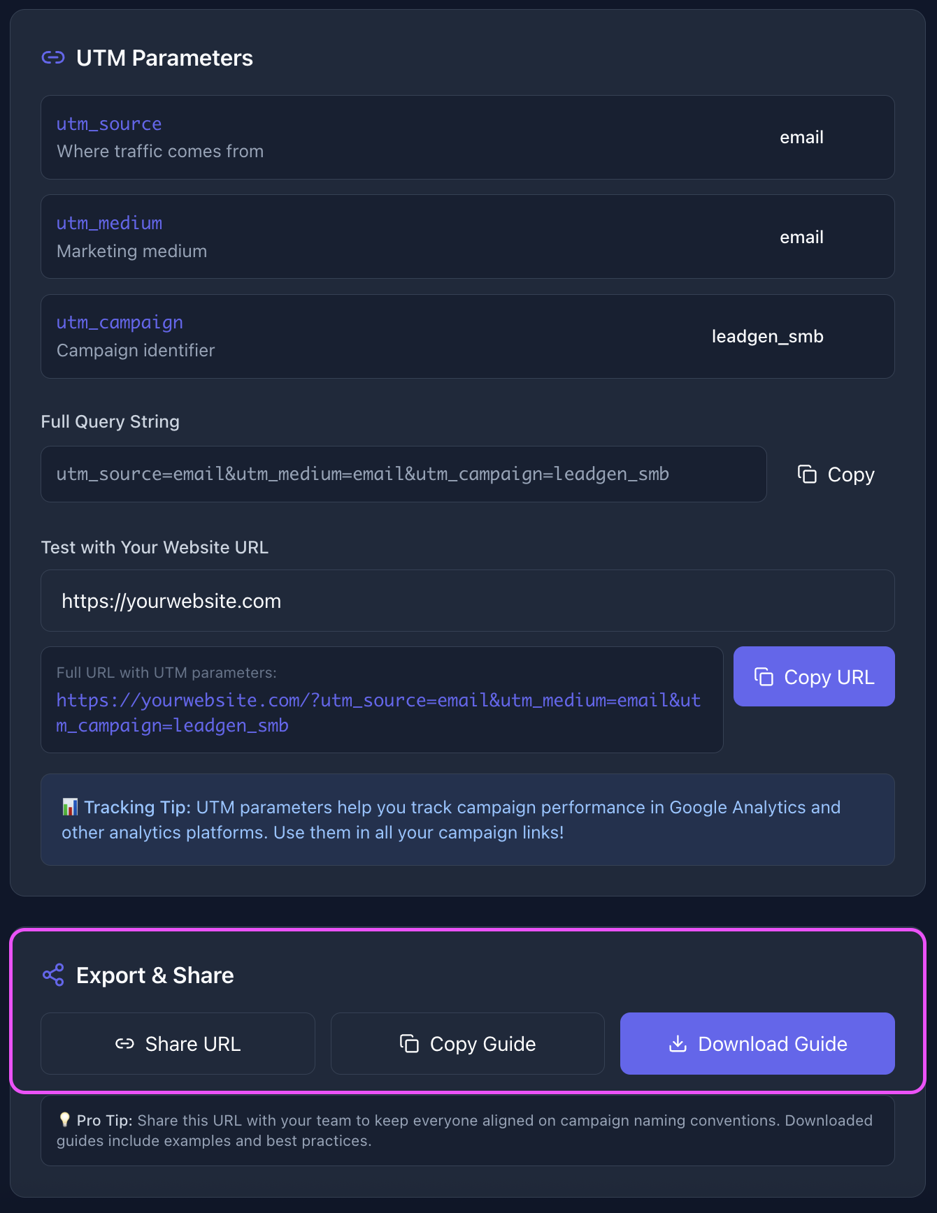 Campaign naming tool share and export features for team collaboration