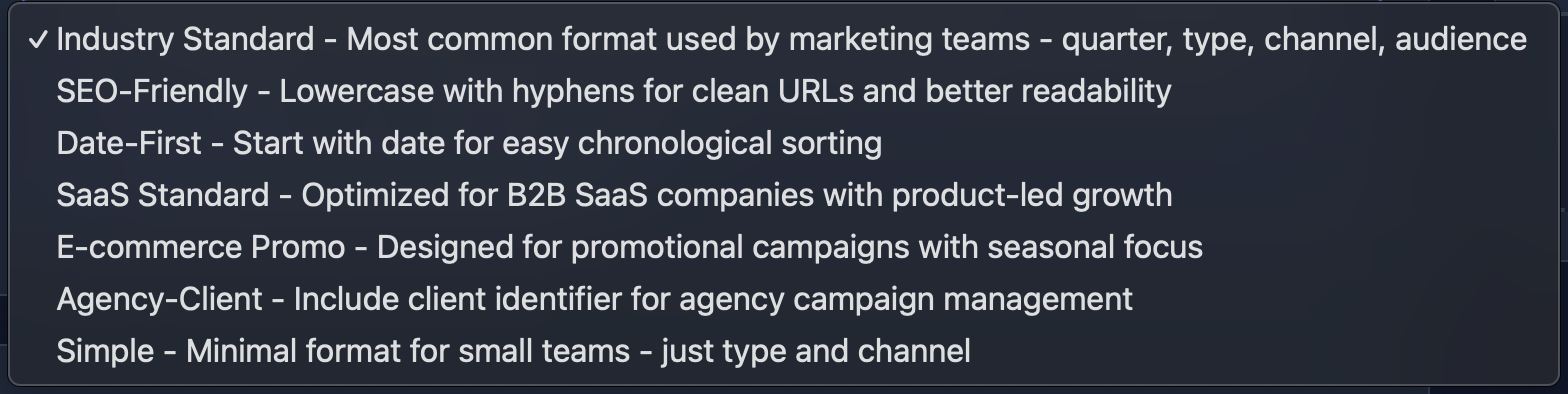 Campaign naming convention tool showing 7 proven templates for different marketing campaign types